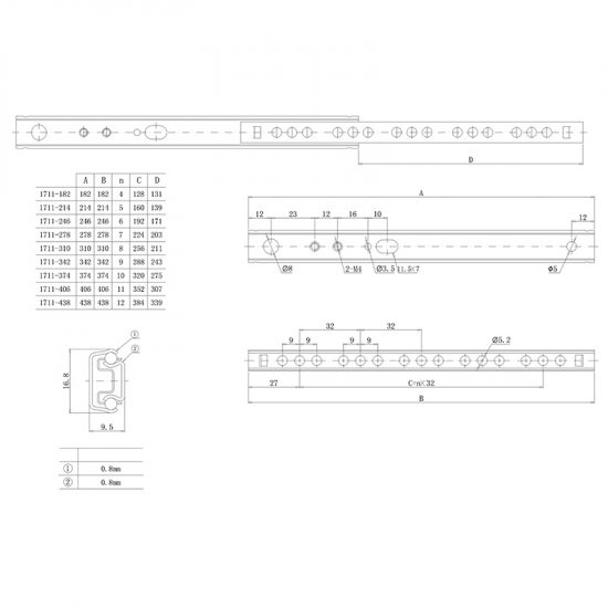 Prowadnica kulkowa do szuflad H-17 Komplet