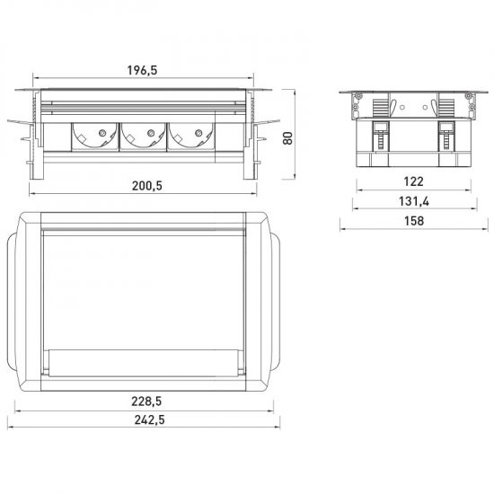 Gniazdo wpuszczane przepustowe chowane w blat Aluminium