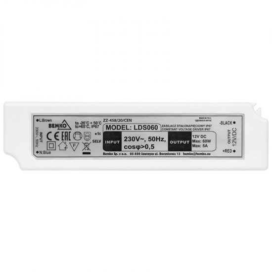 Zasilacz LED hermetyczny 60W 12V IP67 Bemko do taśmy LED